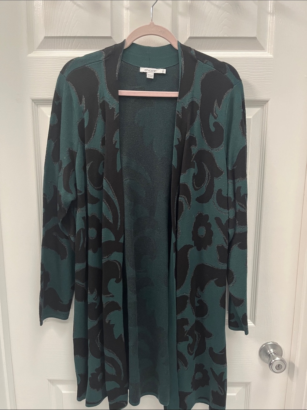 Chico's Green & Black Open-Front Floral Jacquard Cardigan